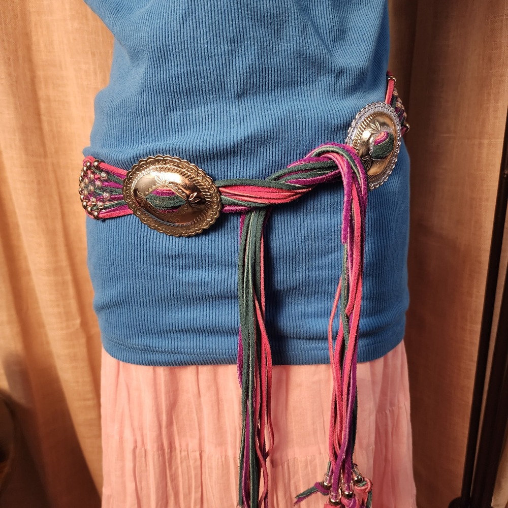 Vintage Western Concho Belt Suede Braided Fringe Pink Purple Teal Silver Tone OS
